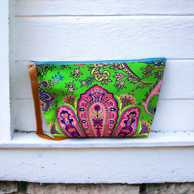 Musk pink paisley on neon lime clutch