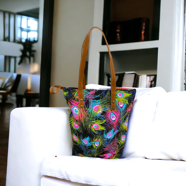 Neon peacock on licorice Midi tote