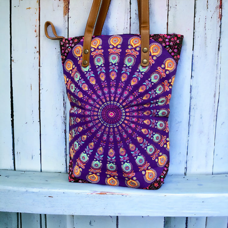 Violet and mandarine mandala spiral Midi tote