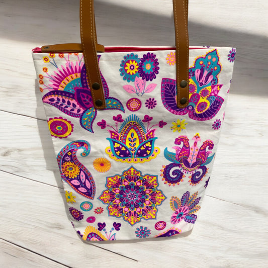 Spring mandala and blooms on white Midi tote