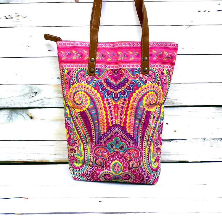 Banana yellow spirals on neon pink midi tote