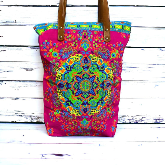 Lime and tangerine mandala on hot pink midi tote