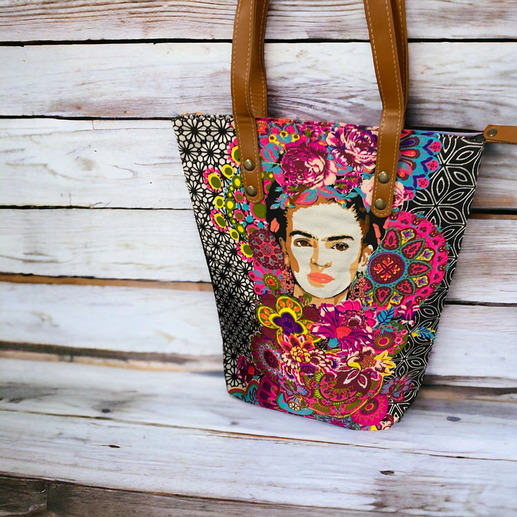 Frida Kahlo Tote with multi mandala on licorice Bright Blossom Bags