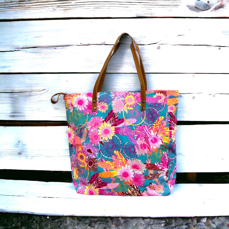 Feathers & Flower on aqua maxi tote