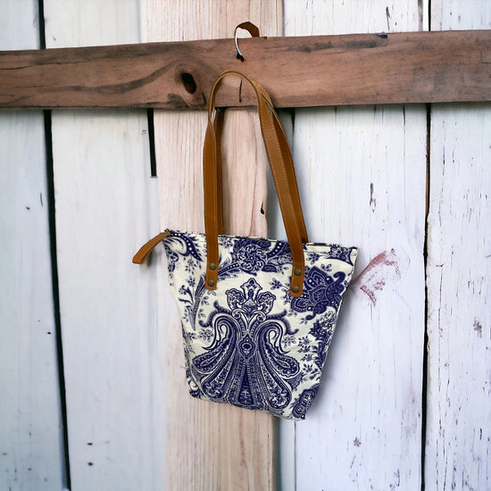 Royal navy paisley on white midi tote