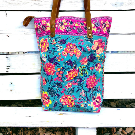 Lime and tangerine mandala on hot pink midi tote