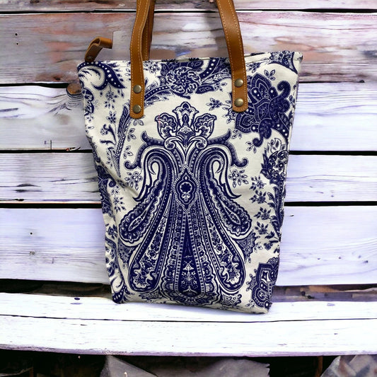 Royal navy paisley on white midi tote