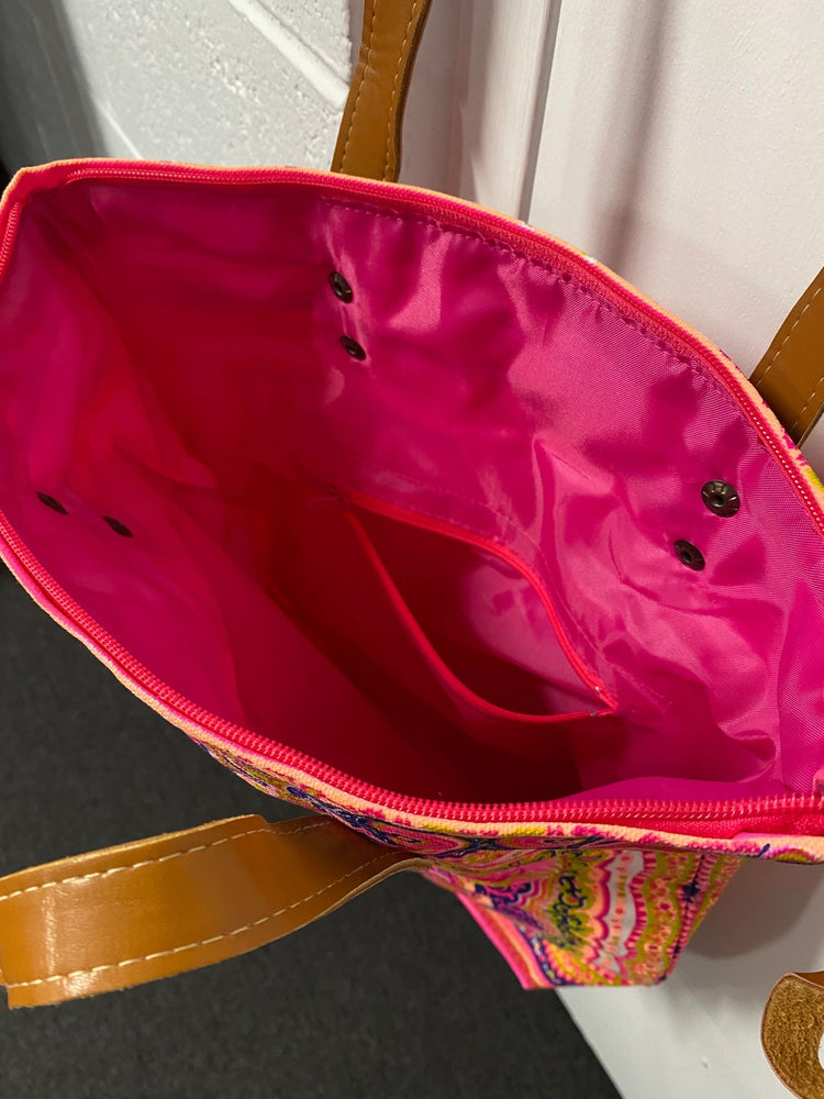 Lime and tangerine mandala on hot pink midi tote