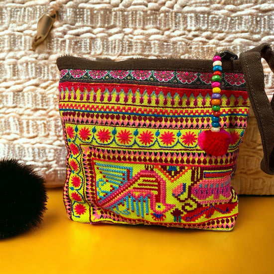 Hill tribe birdie on banana yellow pouch