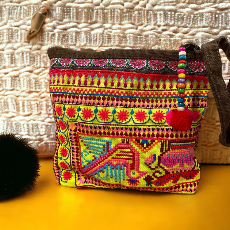 Hill tribe birdie on banana yellow pouch