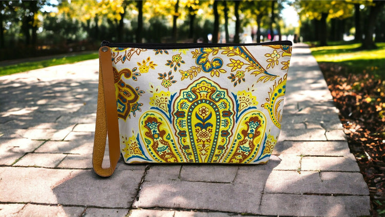 Lemon & aqua mandala on white clutch