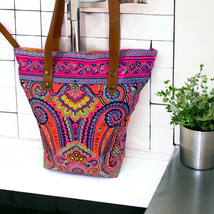 Neon orange paisley midi tote