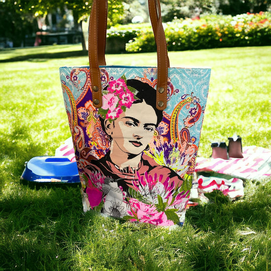 Frida Kahlo Tote with hot pink flowers