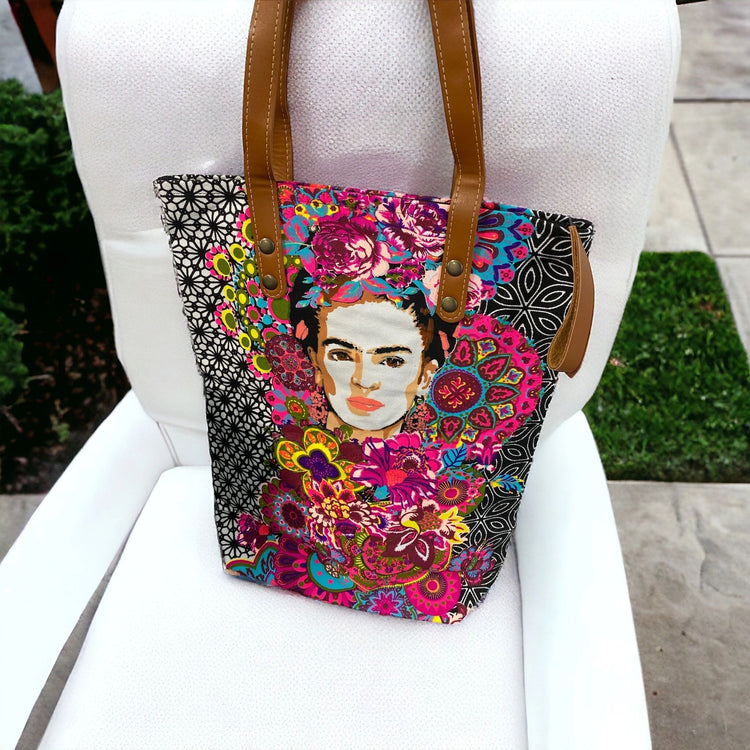 Frida Kahlo Tote with multi mandala on licorice