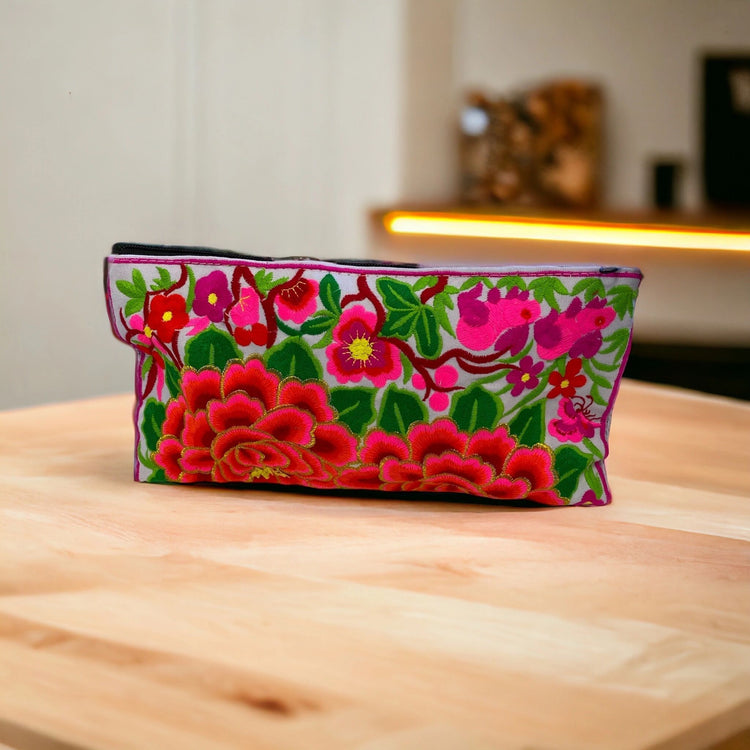 Neon pink florals & friends (rabbits) on white clutch