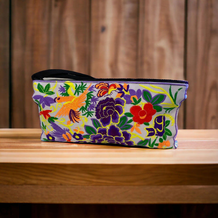 Violet florals & friends (rabbit, deer) on white clutch