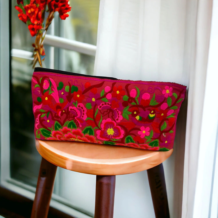 Ruby florals & friends (birds & butterfly) on red clutch