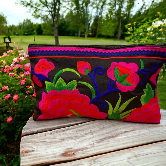 Hot pink and ruby red on licorice clutch