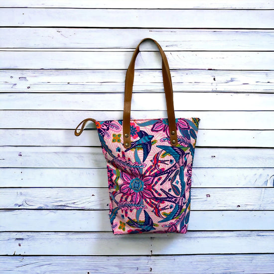 Blue birds on musk pink midi tote