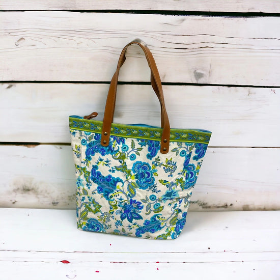 Aqua florals on white maxi tote