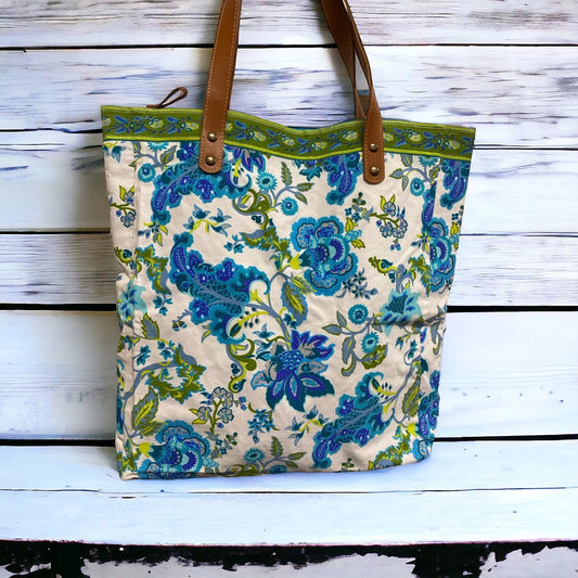 Aqua florals on white maxi tote