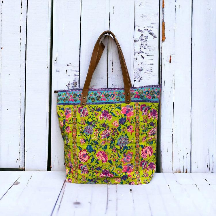 Multi floral on avocado maxi tote